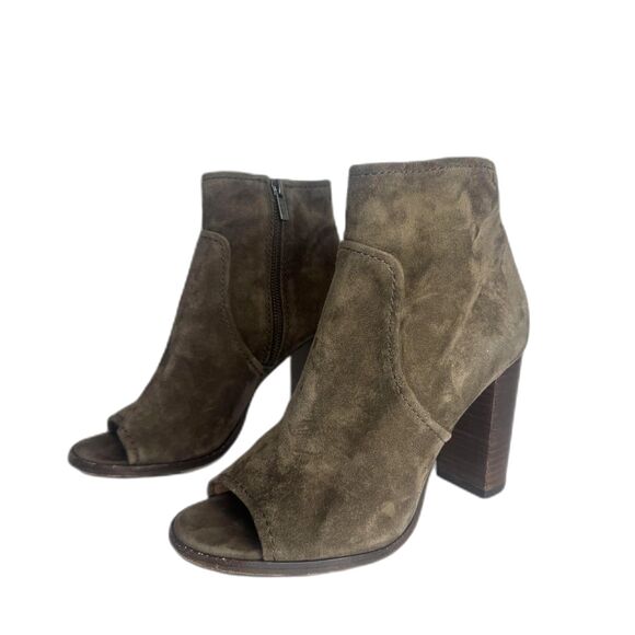 Frye Boots Womens Size 8 M Taupe Suede Peep Toe ankle Booties Stacked Heel - Picture 1 of 11